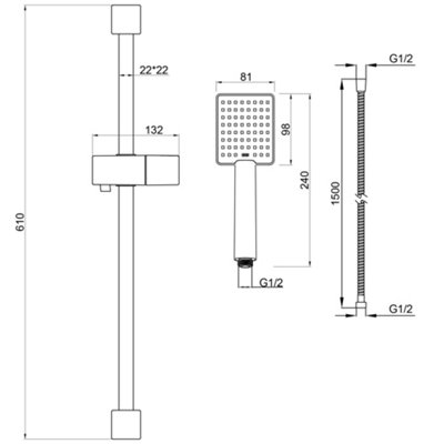Matt Black Square Shower Slider Rail Riser Kit Adjustable