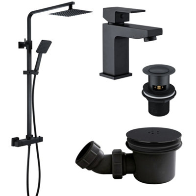 Matt Black Square Thermostatic Overhead Shower Kit with Form Basin Tap ...
