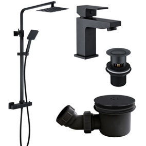 Matt Black Square Thermostatic Overhead Shower Kit with Form Basin Tap and Shower Tray Waste