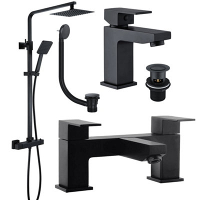 Matt Black Square Thermostatic Overhead Shower Kit with Form Basin Tap, Bath Filler, and Pop Up Bath Waste