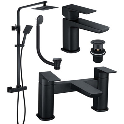Matt Black Thermostatic Shower Mixer Tap For Bath — Modern Square/Round Head, Wall Mounted