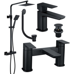 Matt Black Square Thermostatic Overhead Shower Kit with HD Basin Tap and Pop Up Bath Waste
