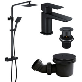 Matt Black Square Thermostatic Overhead Shower Kit with HD Basin Tap and Shower Tray Waste