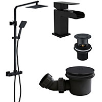 Matt Black Square Thermostatic Overhead Shower Kit with Z Waterfall Basin Tap and Shower Tray Waste