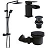 Matt Black Square Thermostatic Overhead Shower Kit with Z Waterfall Basin Tap and Shower Tray Waste