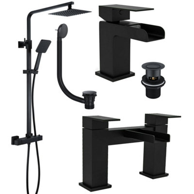 Matt Black Square Thermostatic Overhead Shower Kit with Z Waterfall Basin Tap, Waterfall Bath Filler, and Pop Up Bath Waste