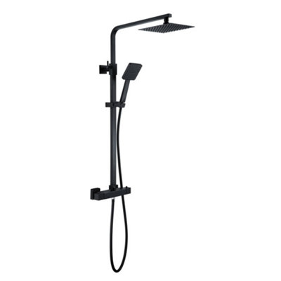 Matt Black Square Thermostatic Overhead Shower Kit with Z Waterfall Basin Tap, Waterfall Bath Filler, and Pop Up Bath Waste