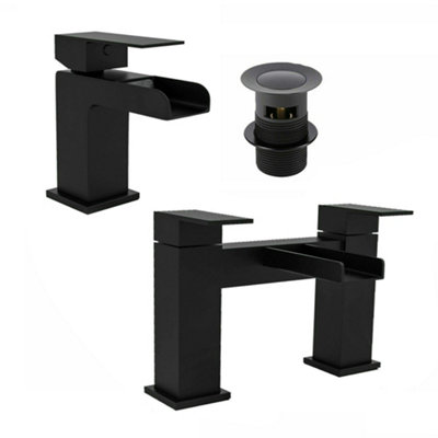 Matt Black Square Waterfall Basin Sink Tap & Bath Filler Set