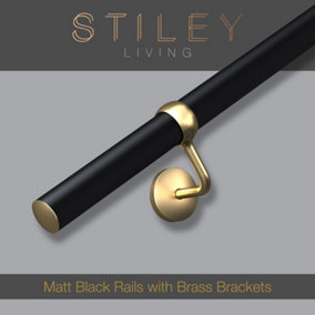 Matt Black Stair Handrail Kit & Brass Brackets - 1.2m X 40mm