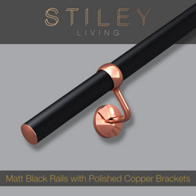 Matt Black Stair Handrail Kit Polished Copper Brackets 1.2m X 40mm