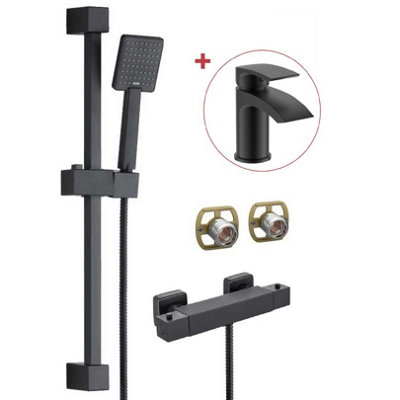 Matt Black Thermostatic Square Bar Mixer Shower + Riser Kit + Fast Fit Kit + Tap