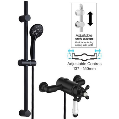 Matt Black Traditional Thermostatic Dual Control Shower Mixer Valve + Riser Rail