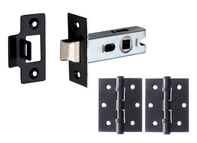 Matt Black Tubular Latch Door Accessory Pack, Includes 64mm Mortice Tubular Latch and Matching 75mm Ball Bearing Hinges - GG