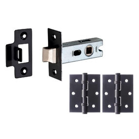 Matt Black Tubular Latch Door Accessory Pack, Includes 64mm Mortice Tubular Latch and Matching 75mm Ball Bearing Hinges - GG