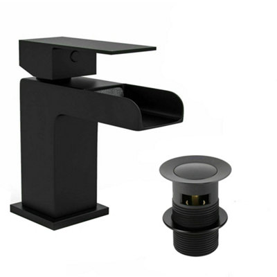 Matt Black Waterfall Basin Mono Mixer Tap Including Clicker Waste