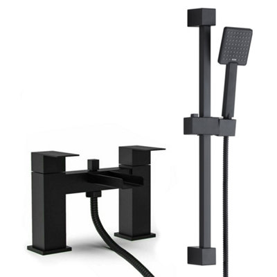 Matt Black Waterfall Bath Shower Mixer Tap & Square Shower Slide Rail Kit