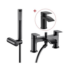 Matt Black Waterfall Curve Deck Mounted Bath Shower Mixer + Shower Head + Tap
