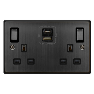 Matt Bronze 2 Gang 13A DP Ingot Type A & C USB Twin Double Switched ...