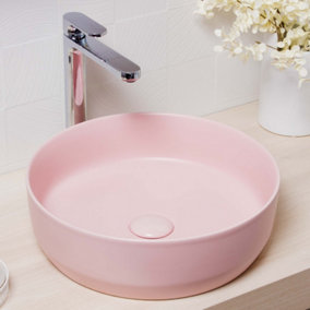 Matt Pink Ceramic Round Countertop Bathroom Wash Basin Sink with Matching Waste