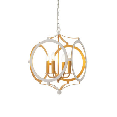 Matt White & Gold Ceiling Pendant Light - 4 Bulb Hanging Circular Frame Fitting
