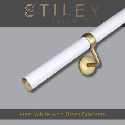 Matt White Stair Handrail Kit & Brass Brackets 3.6m X 40mm
