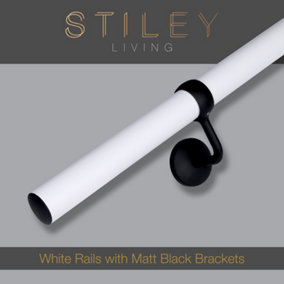 Matt White Stair Handrail Kit & Matt Black Brackets - 1.2m X 40mm