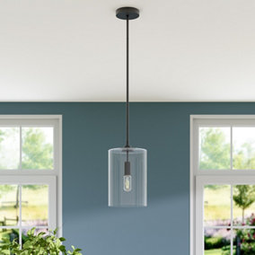 Matte Black 1 Light Pendant Ceiling Light with Clear Glass Lampshade Dia 175mm