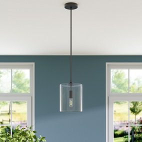 Matte Black 1 Light Pendant Ceiling Light with Clear Glass Lampshade Dia 195mm