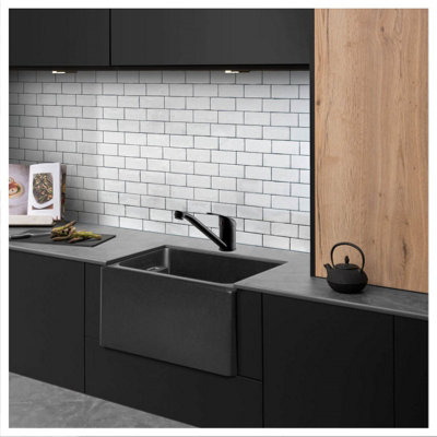 Matte Black Kitchen Taps Mixer, Modern Brass Single Lever 360 Swivel Kitchen Sink Taps with Braided Hoses