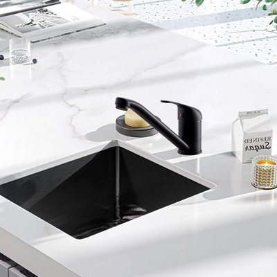 Matte Black Kitchen Taps Mixer, Modern Brass Single Lever 360 Swivel Kitchen Sink Taps with Braided Hoses