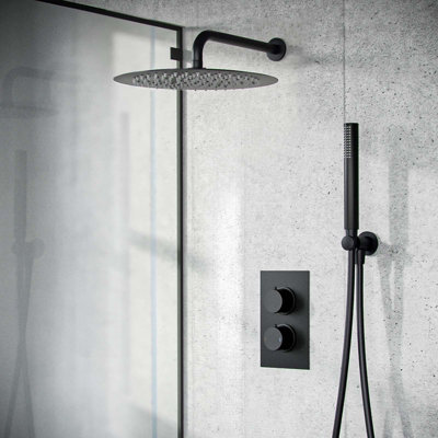 Matte Black Round 300mm Shower with Hand Held Set Thermostatic Mixer Valve Temel