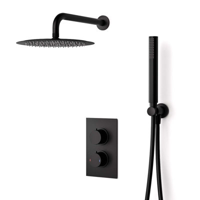 Matte Black Round 300mm Shower with Hand Held Set Thermostatic Mixer Valve Temel - 7