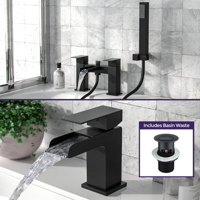 Matte Black Waterfall Basin Sink Mono Tap & Bath Shower Mixer With Handset Kit & Waste