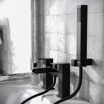 Matte Black Waterfall Basin Sink Mono Tap & Bath Shower Mixer With Handset Kit & Waste - 3