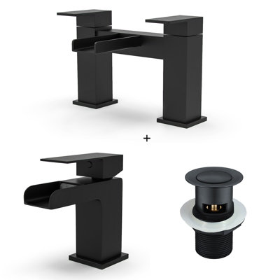 Matte Black Waterfall Basin Sink Mono Tap & Bath Shower Mixer With Handset Kit & Waste - 4