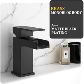 Matte Black Waterfall Bathroom Basin Mixer Tap Mono Square Sink Mixer Tap