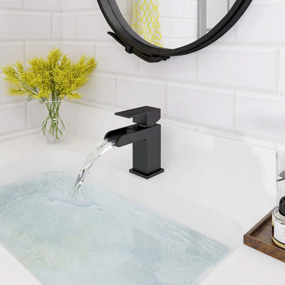 Matte Black Waterfall Bathroom Basin Mixer Tap Mono Square Sink Mixer Tap