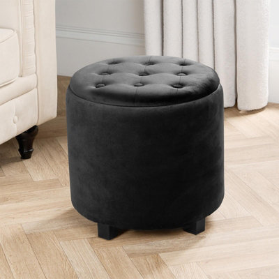 Matte Velvet Stool Storage Ottoman Buttons Pouffe Vanity Chair Seat, Black