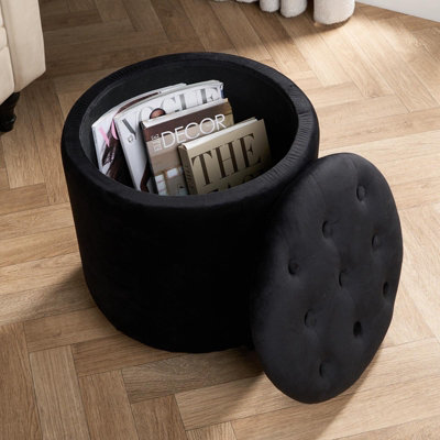 Matte Velvet Stool Storage Ottoman Buttons Pouffe Vanity Chair Seat, Black
