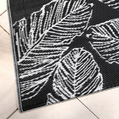 Matteo Leaf Print UV Resistant Black Outdoor Rug