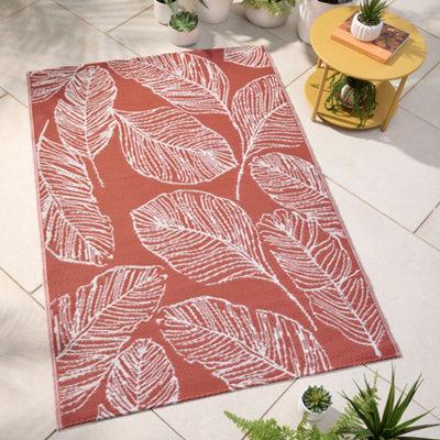Matteo Leaf Print UV Resistant Terracotta Outdoor Rug
