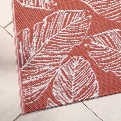 Matteo Leaf Print UV Resistant Terracotta Outdoor Rug