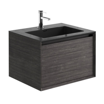 Matterhorn Dark Oak Wall Hung Bathroom Vanity Unit with Black Basin (W)600mm (H)450mm