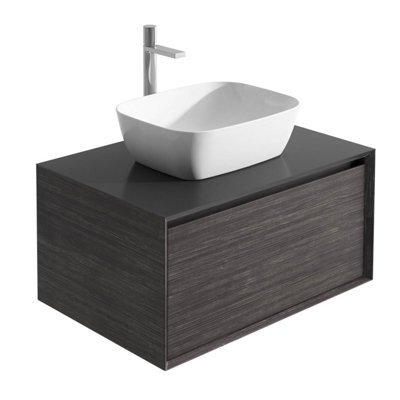 Matterhorn Dark Oak Wall Hung Bathroom Vanity Unit with Black Countertop (W)600mm (H)450mm