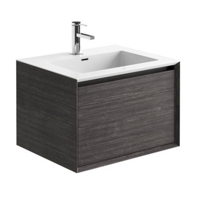 Matterhorn Dark Oak Wall Hung Bathroom Vanity Unit with White Basin (W)600mm (H)450mm