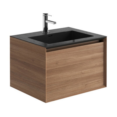 Matterhorn Natural Oak Wall Hung Bathroom Vanity Unit with Black Basin (W)600mm (H)450mm