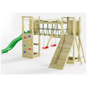 Maxi Fun Wooden Climbing Frame with Double Tower, Double Swing Double Swing & Slide