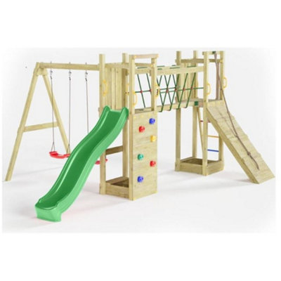 Maxi Fun Wooden Climbing Frame with Double Tower, Double Swing Double Swing & Slide