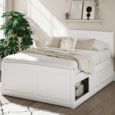 White wooden single bed deals frame with storage