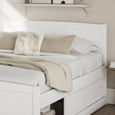 White wooden bed frame deals double with storage